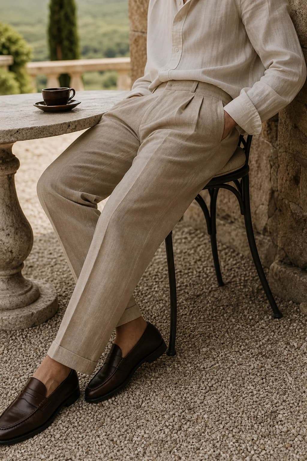 Pleated beige linen trousers worn at a stone table on a countryside terrace