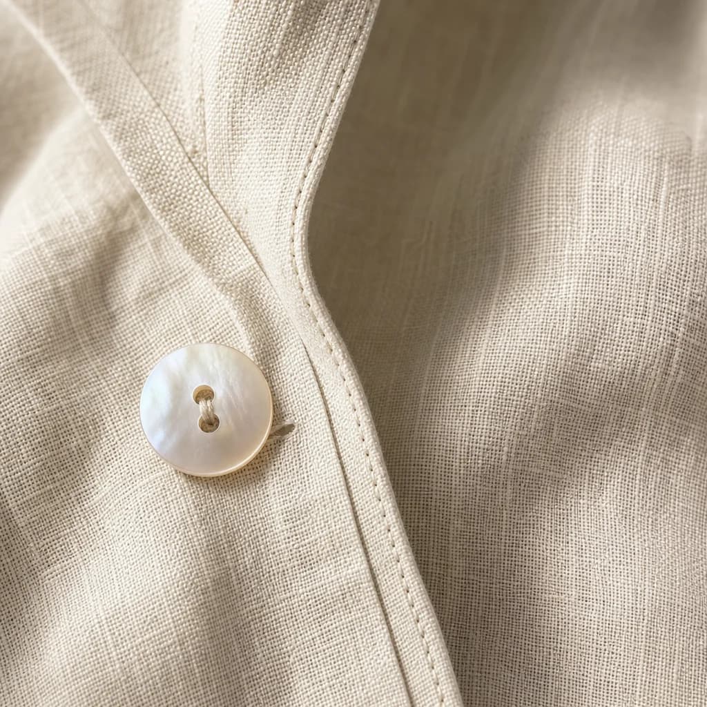 Close view of ivory linen weave with a mother-of-pearl button