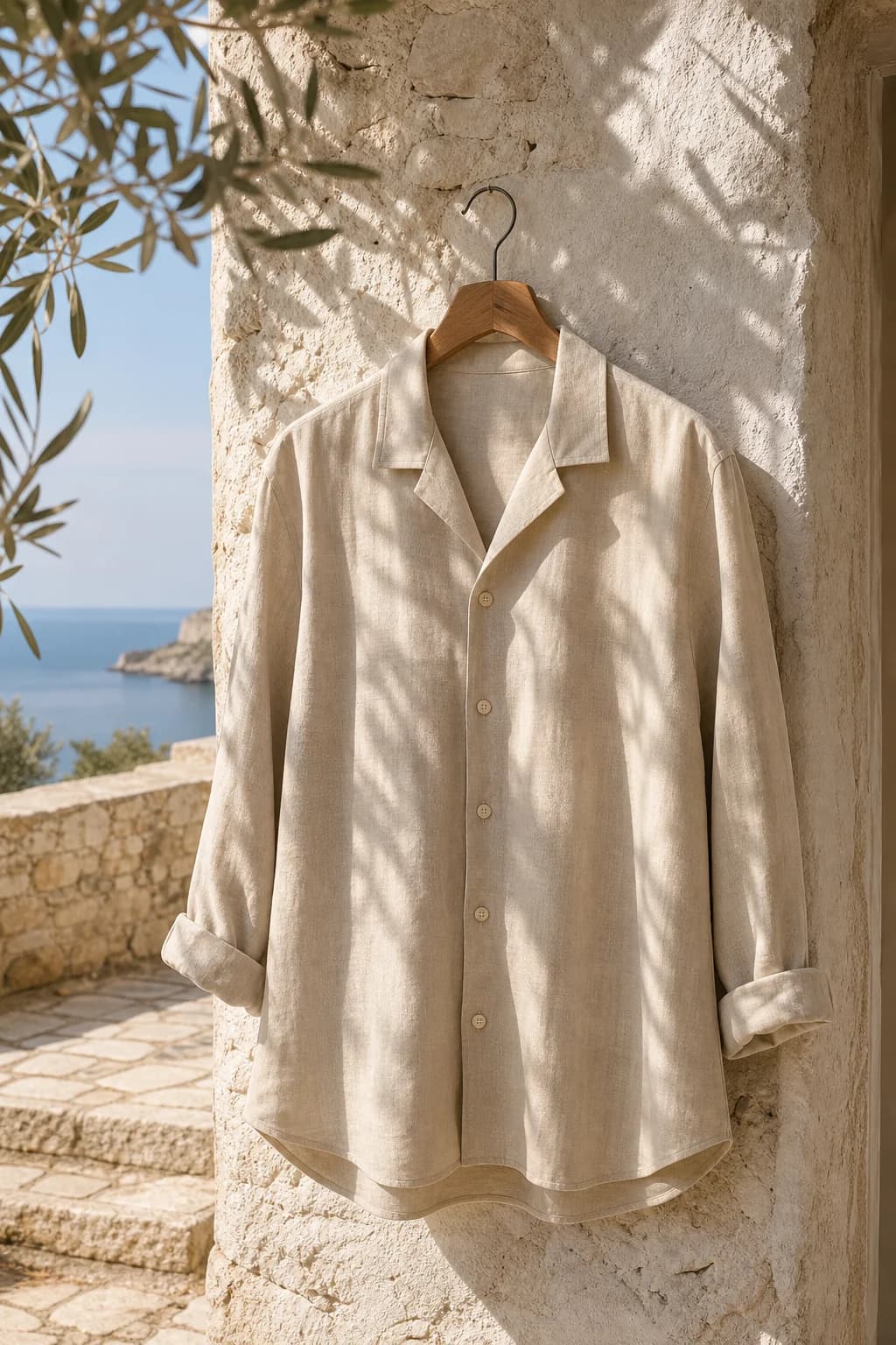 A champagne linen shirt on a hanger against a sunlit stone wall